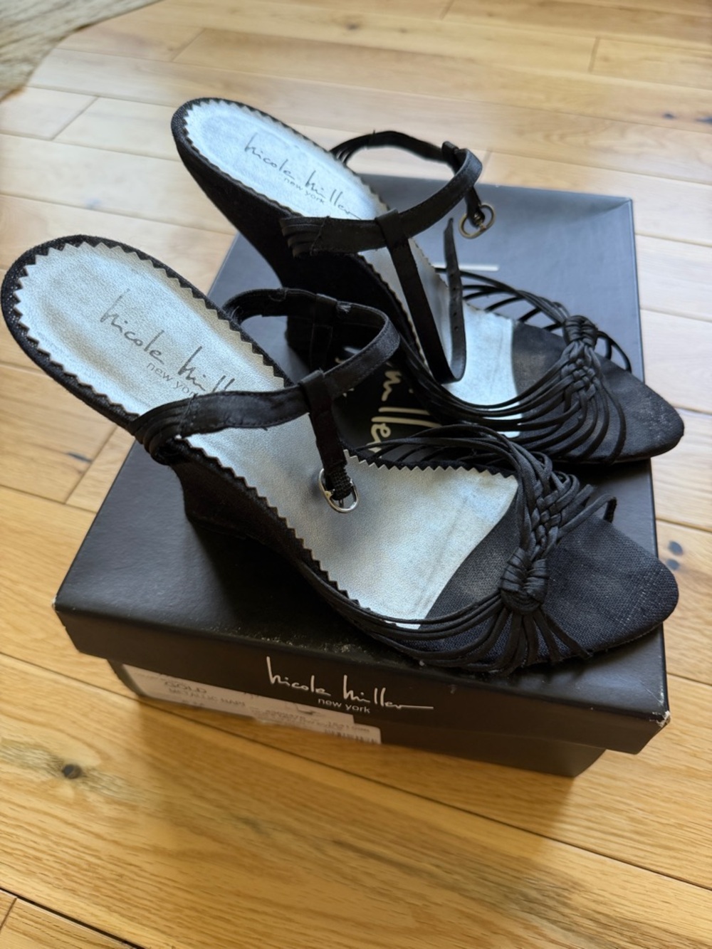 Nicole Miller Black Knotted Strappy Wedge Sandals